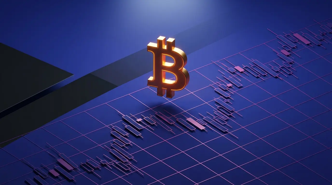 Bitcoin symbol glowing above digital market grid with magenta gradients and geometric candlestick patterns